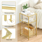 Homhedy 3-Tier Side Tables Set of 2, End Tables with Tempered Glass, Nightstands with Storage Shelves, Slim Sofa Tables for Living Room, Bedroom (2, Golden)