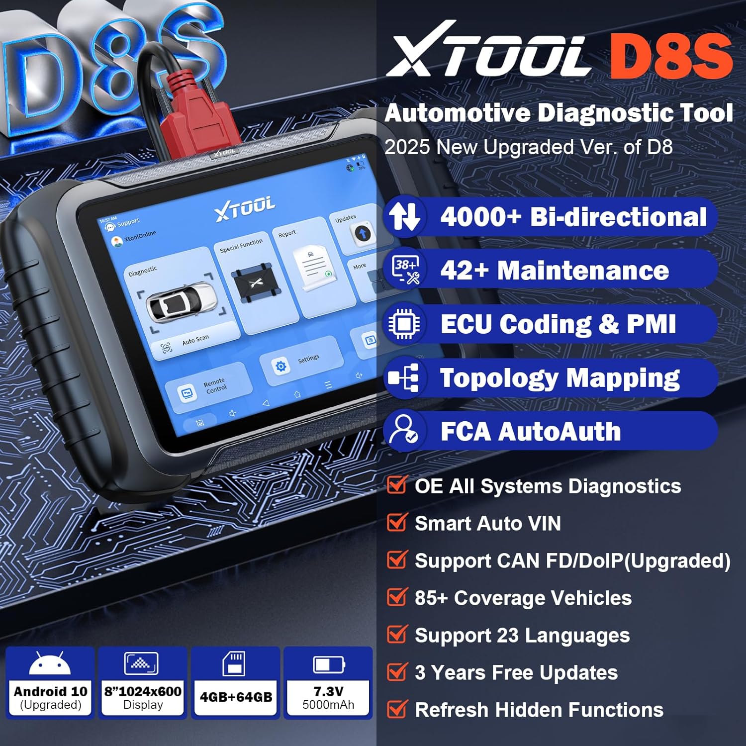 XTOOL D8S OBD2 Scanner: 2025 Upgrade of D8, Bidirectional Scan Tool with 3-Year Update, Topology Mapping, FCA AutoAuth, ECU Coding, 42+ Resets, All Systems Car Scanner Diagnostic Tool, CANFD/DoIP