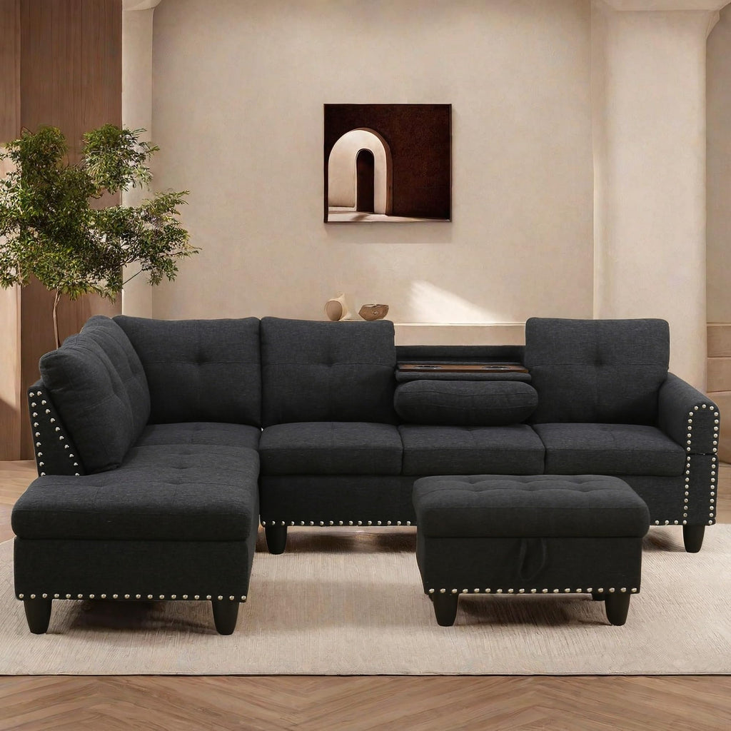 L Shaped Sectional Couches, Modular Sectional Sofa with Ottoman Storage, Nail-Head Design Lounge Sofa with Reversible Cup Holder for Living Room, Bedroom, Gray