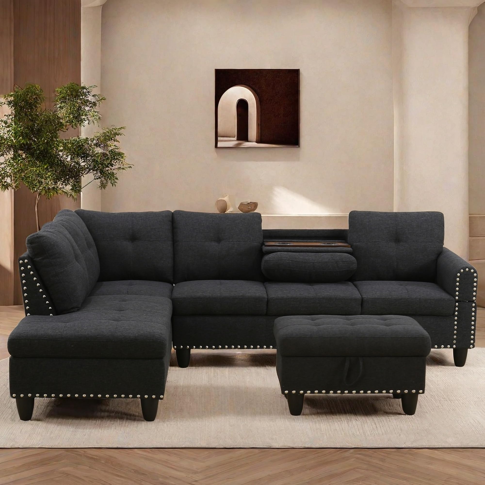L Shaped Sectional Couches, Modular Sectional Sofa with Ottoman Storage, Nail-Head Design Lounge Sofa with Reversible Cup Holder for Living Room, Bedroom, Gray