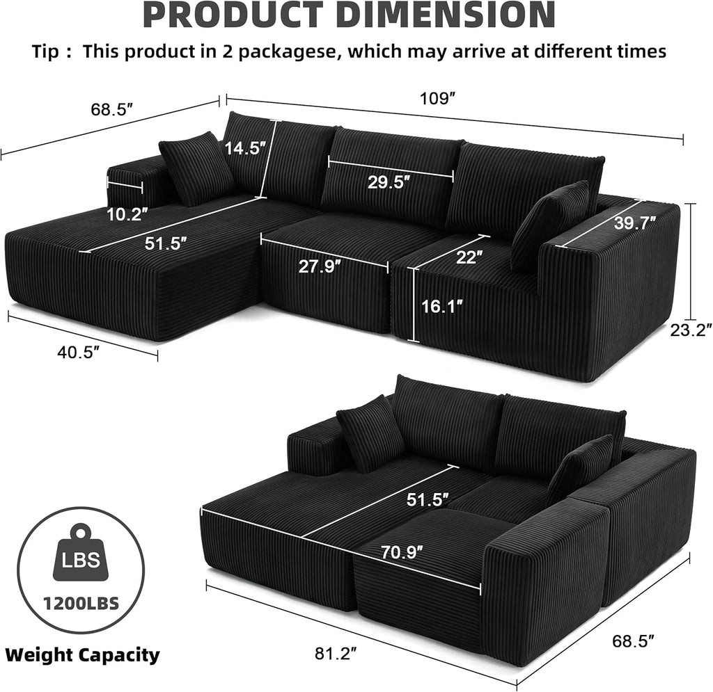 108” Modular Sectional Sofa, Cloud Sectional Couch with Deep Seat, Modern Modular L-Shape Sofa Couch with Chaise,Upholstered Couches for Living Room Bedroom (Black, Left Facing Chaise)