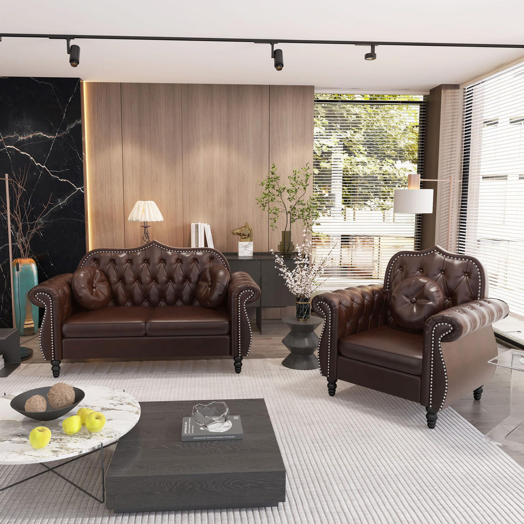 AVZEAR Chesterfield 3-Piece Living Room Sectional Sofa Set, Mid-Century Modern Upholstered PU Couch, Classic Tufted Button Sofa with Nailhead Trim for Living Room, Office (Brown)