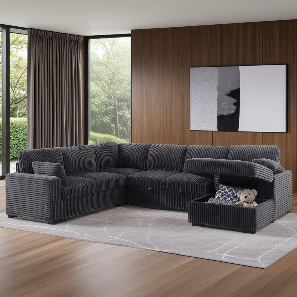 Oversized U-Shaped Sleeper Sectional Sofa Modern Fluffy Corduroy Upholstered Corner Convertible Sofabed with Pull Out Sleeper Couch Bed ,Storage Left Chaise and Pillows for Living Room Furniture Sets