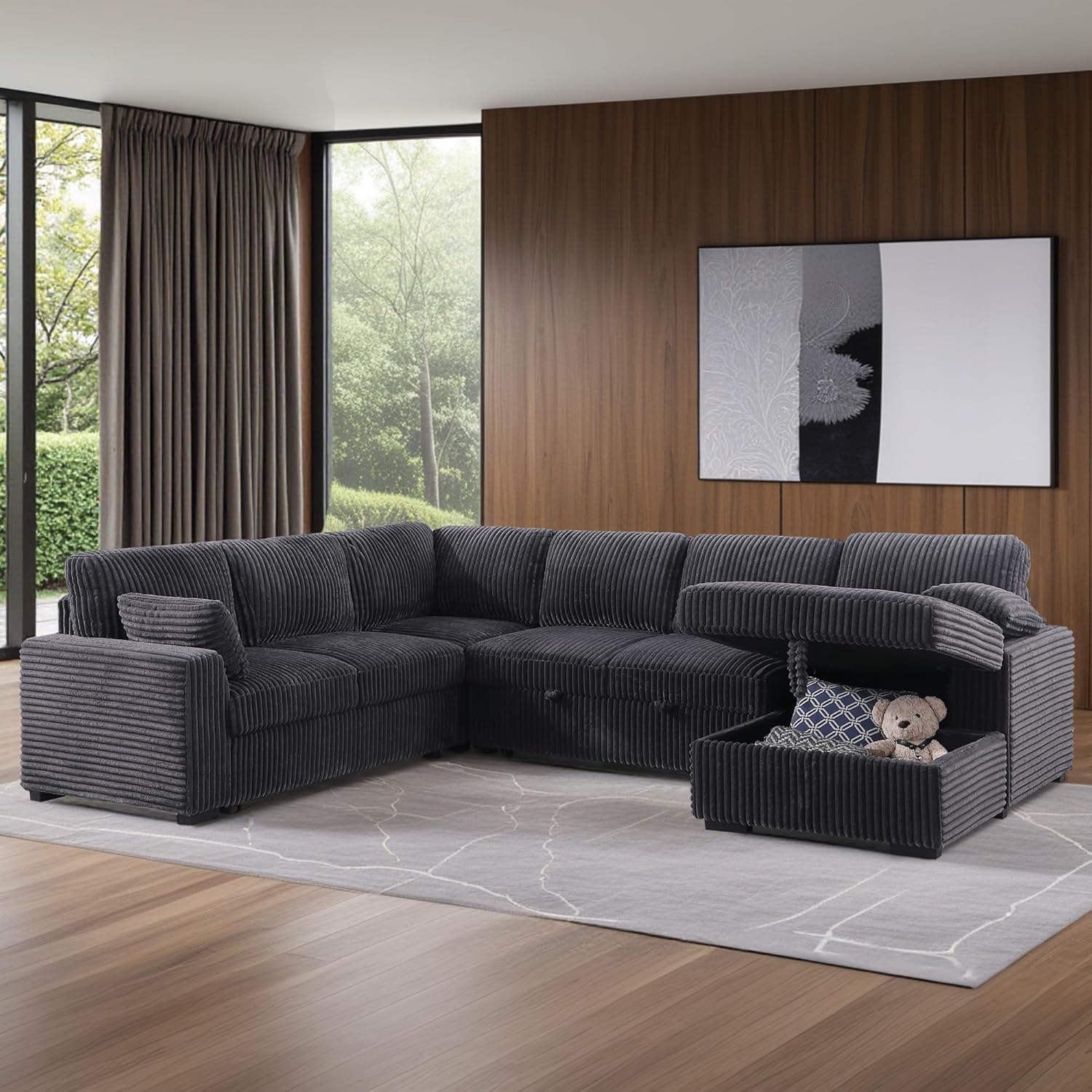 Oversized U-Shaped Sleeper Sectional Sofa Modern Fluffy Corduroy Upholstered Corner Convertible Sofabed with Pull Out Sleeper Couch Bed ,Storage Left Chaise and Pillows for Living Room Furniture Sets