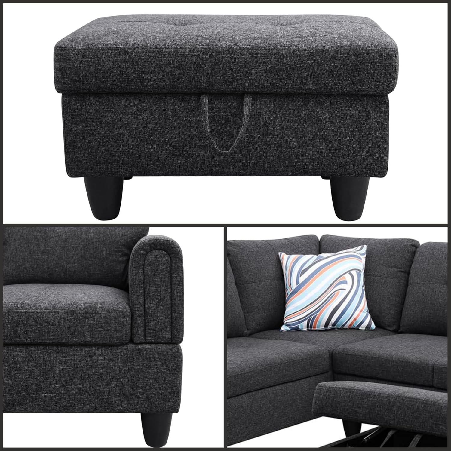 L Shaped Couch, Lounge Sectional Sofa with Chaise for Living Room, 6 Seat Modern Modular Couches with Movable Storage Ottoman, Black Grey