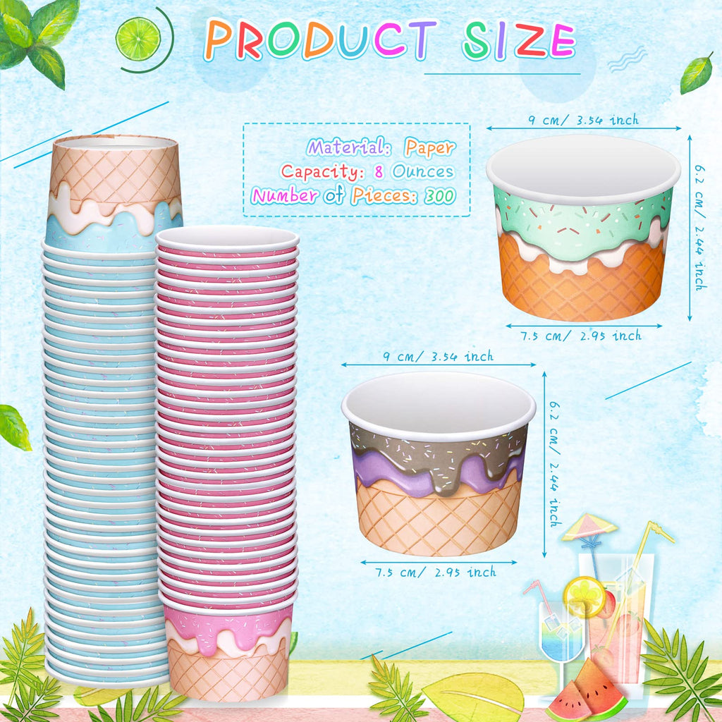 Nuenen 300 Stück 8 oz Papp-Eisbecher Einweg-Eis-Sundae-Schalen Großpackung Sommer-Barbedarf für Sundae-Snack Luau-Party (Eiscreme)