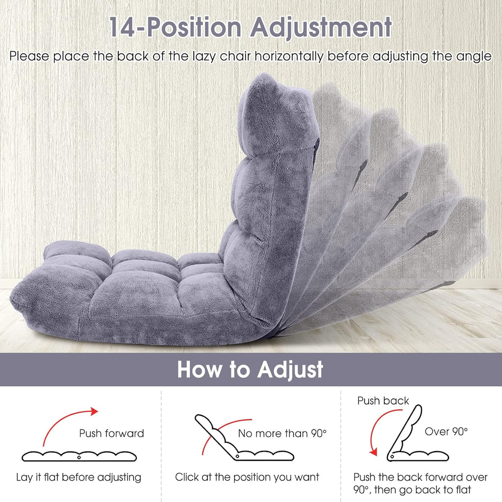 Giantex Folding Floor Chair with Back Support, 14 Adjustable Position, Padded Sleeper Bed, Couch Recliner, Gaming Floor Chairs for Adults, Meditation, Living Room (Grey)