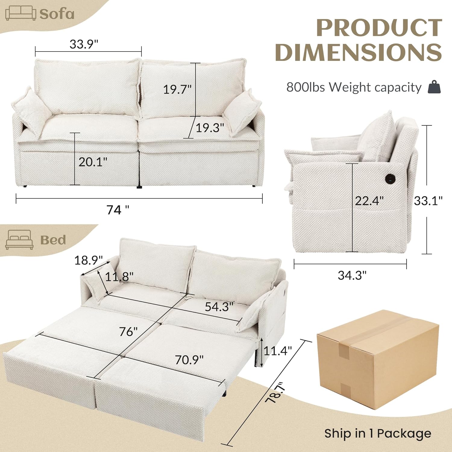 King & Queen Size Pull Out Sofa Bed – Convertible Sleeper Sofa Bed with Cup Holders, USB Ports, Side Pockets, Corduroy Loveseat Couch Chaise Lounge for Living Room, Apartment (Beige, 74")