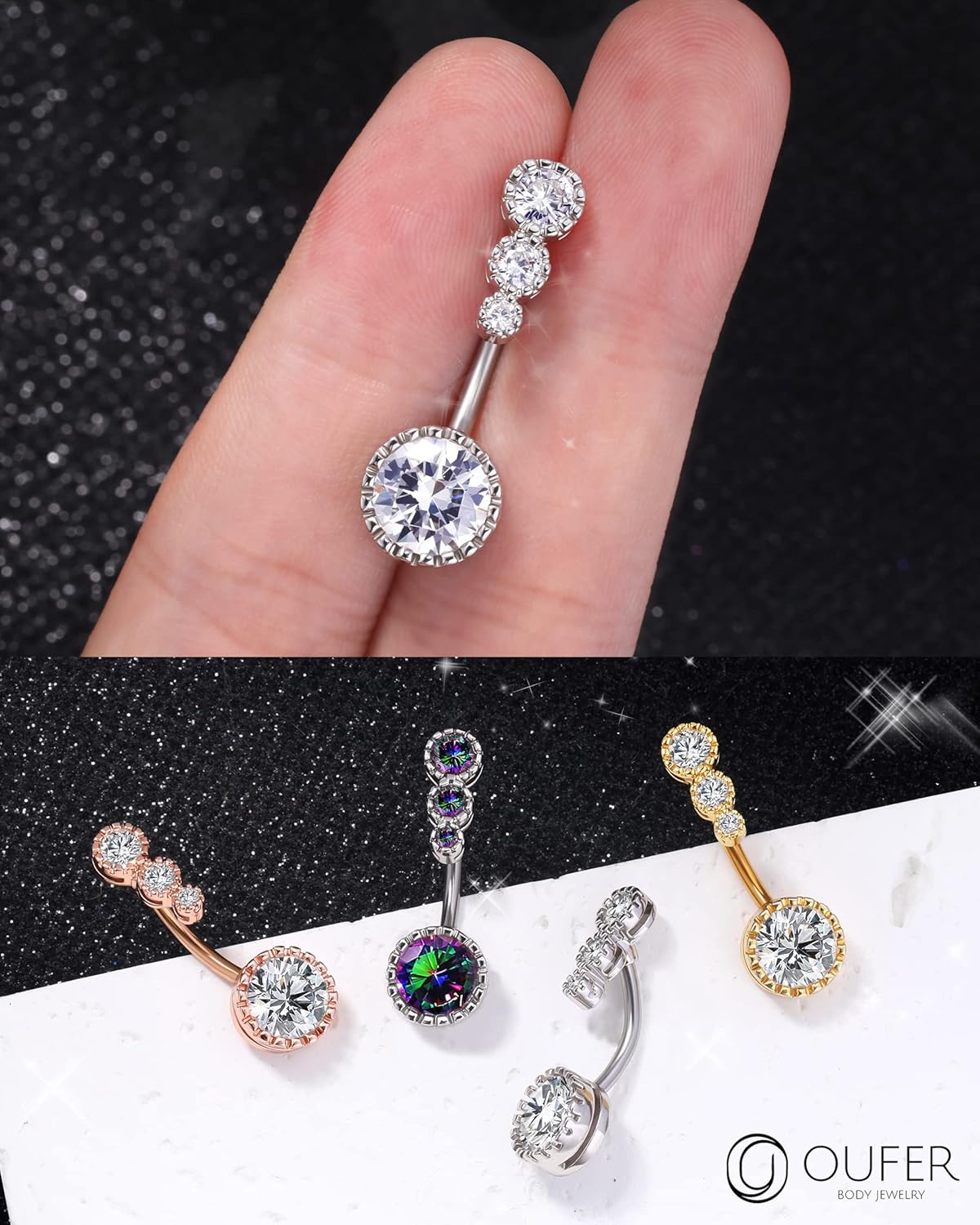 OUFER 316L Surgical Steel Belly Button Rings, Clear CZ Navel Rings, Belly Piercing Jewelry