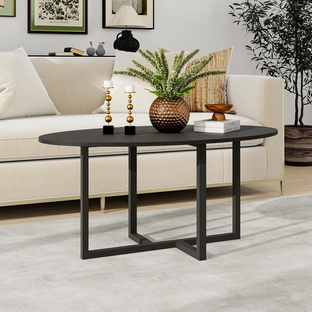Oval Coffee Table for Living Room, Center Table Tea Table with Metal Frame for Living Room Home Office, Small Space, Easy Assembly, Black