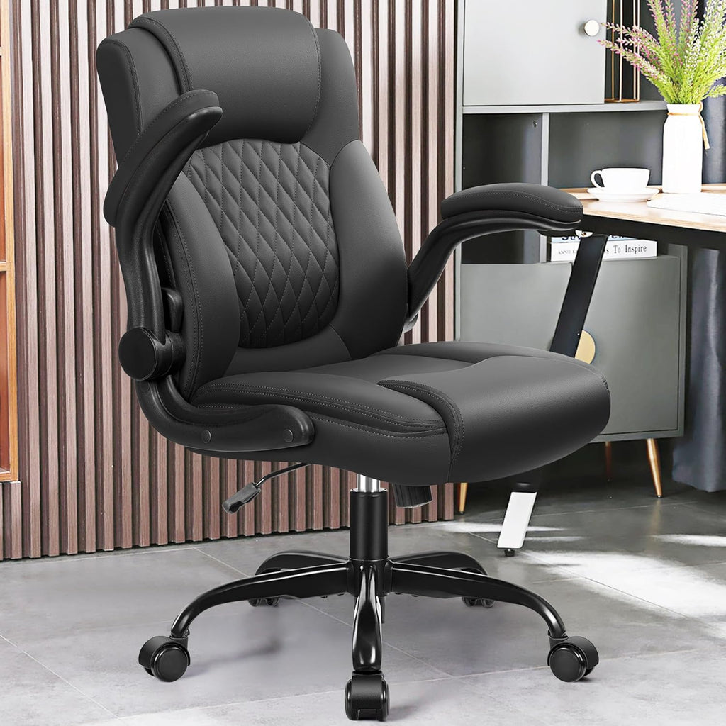 Leather Office Chair, PU Home Computer Desk Chairs with Ergonomic Back Support, 360°Swivel Free，Small Gaming Chair with Wheels and Adjustable Armrests, for Short People Use, Black