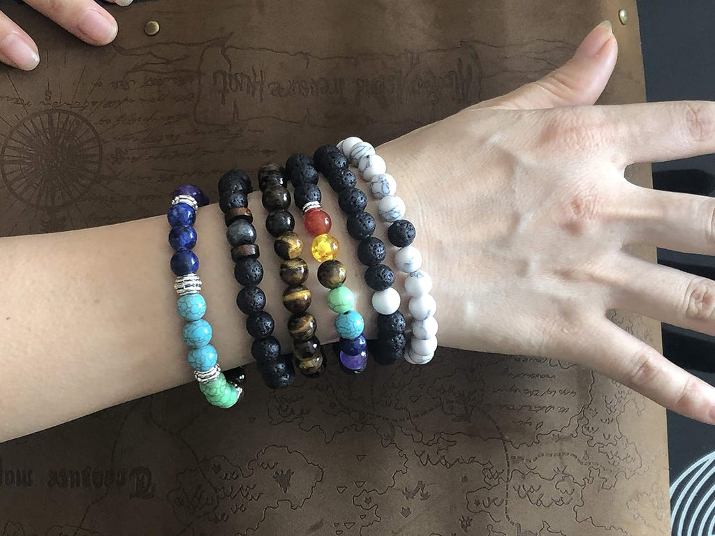 Black Lava Stone 7 Chakra Bracelets, 8mm Yinyang Rock Bead Elastic Natural Gemstones Oil Diffuser Yoga Menditation Beads Bracelets for Men Women Girls Jewelry (6pcs)