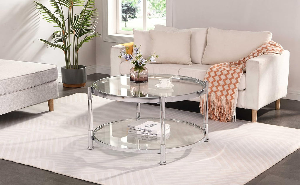 Tempered Glass Round Coffee Table, 32.3" Modern Acrylic Legs Circle Coffee Table for Living Room