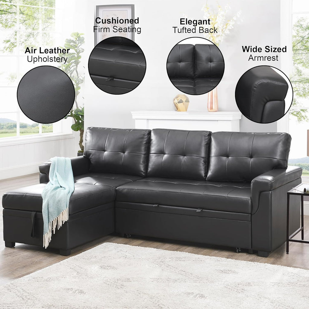 Naomi Home Transform Any Space: Sleeper Sectional Sofa with Convertible Sofa Bed & Inviting Chaise. Find Tranquil Comfort with Stress-Relieving Design & Durable Cushions - Black/Air Leather