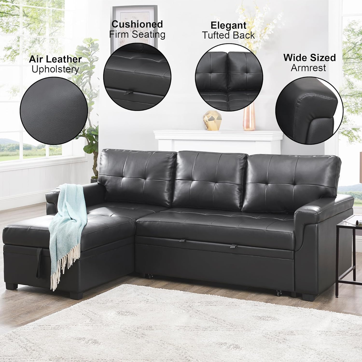 Naomi Home Transform Any Space: Sleeper Sectional Sofa with Convertible Sofa Bed & Inviting Chaise. Find Tranquil Comfort with Stress-Relieving Design & Durable Cushions - Black/Air Leather