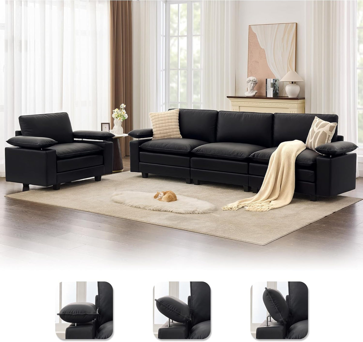 TYBOATLE 122'' Sofa Set for Living Room, Black Leather Sectional Couch with Chairs, Comfy Cloud Couch w/Adjustable Wider Armrest, Deep Seat Upholstered Modular Sofa for Office, Studio, Appartment