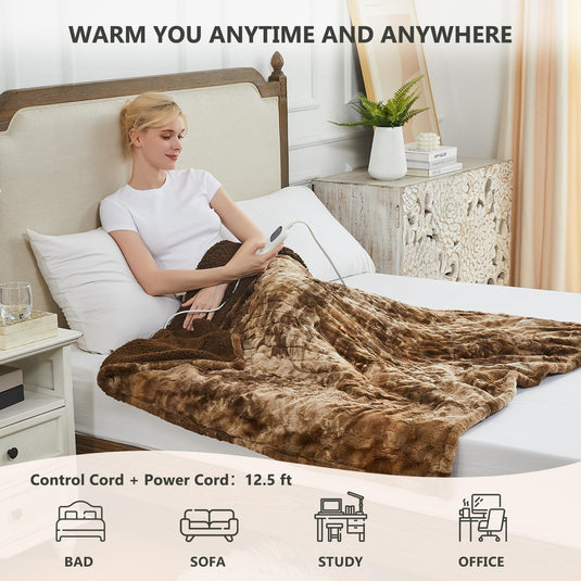 Homemate Heated Blanket Electric Throw - 50x60 Heating Blanket Throw 5 Gears Auto-Off 10 Heat Levels Heat Blanket Over-Heat Protection Luxury Faux Fur Sherpa Heater Blanket Electric ETL Certification