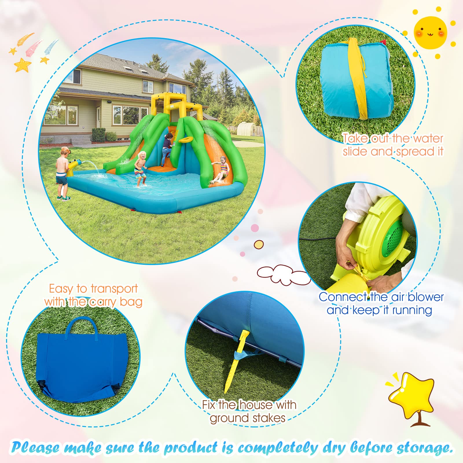 BOUNTECH Inflatable Water Slide, 6 in 1 Giant Water Park for Outdoor with Dual Slides for Racing Fun, Climbing Wall, Blow up Water Slides Inflatables for Kids Backyard Party Gifts (Without Blower)