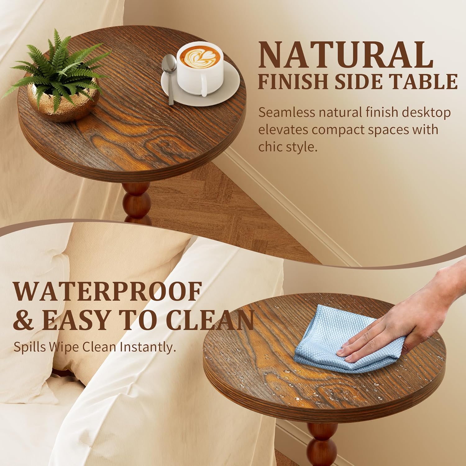 Round Side Table, Drink Table for Small Spaces, Modern Accent Nightstand with Rubberwood Leg for Living Room, Bedroom, Corners, and Office (Brown)