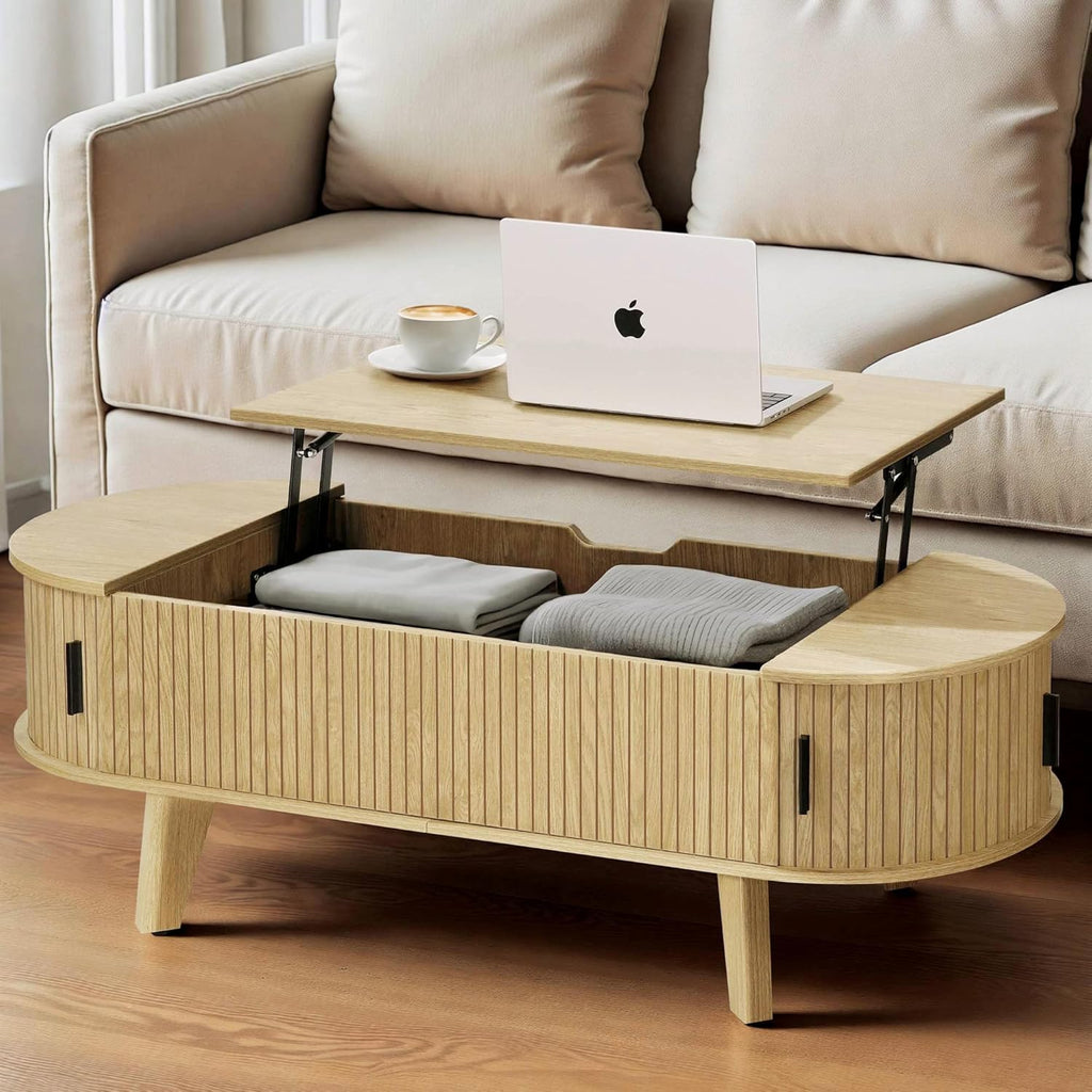 Oval Coffee Table with Storage, 47.2" Lift Top Coffee Table for Living Room, Modern Wood Fluted Center Table with 180° Sliding Tambour Door, Natural
