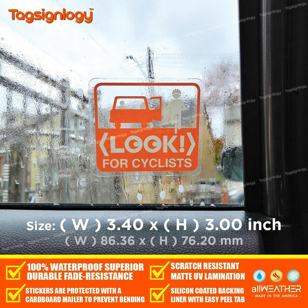 (4 pcs) Look for Cyclists - UV Weatherproof Clear Sticker - for Passenger Bicycle Bike Driver Safety Caution Sign - Taxi Car Open Door Window Cling Transparent Waterproof Vinyl Decals
