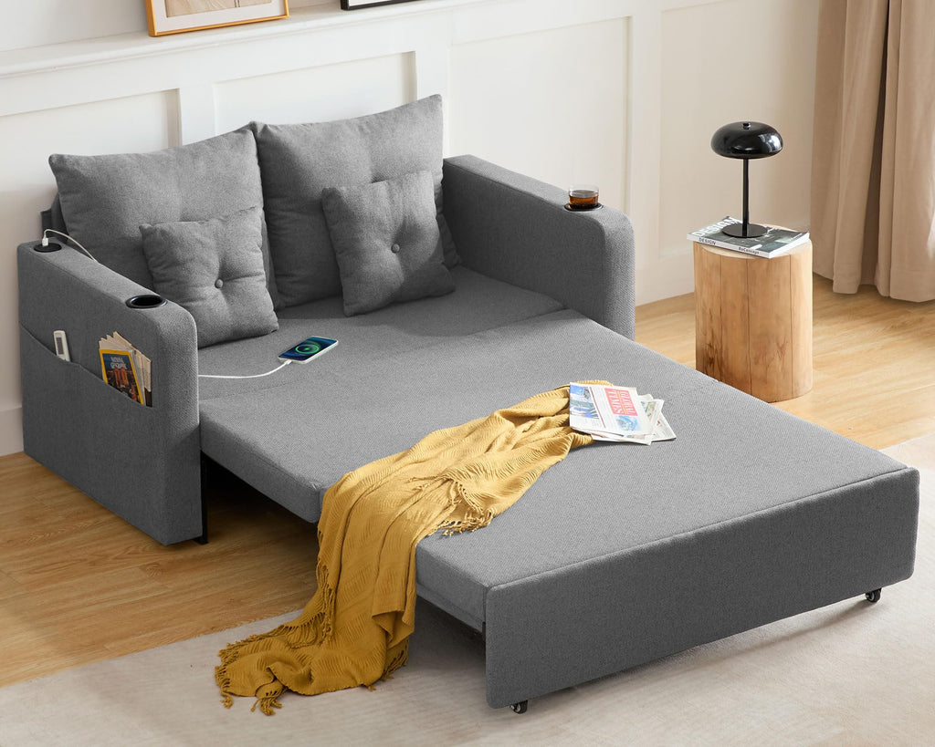 3 in 1 Convertible Sofa Bed, 56" Full Size Loveseat Sleeper Sofa Couch Bed, Sleeper Sofa Bed with Storage Pocket, USB, Comfy Pull Out Sofa Bed for Living Room, Bedroom, Small Space, Dark Grey