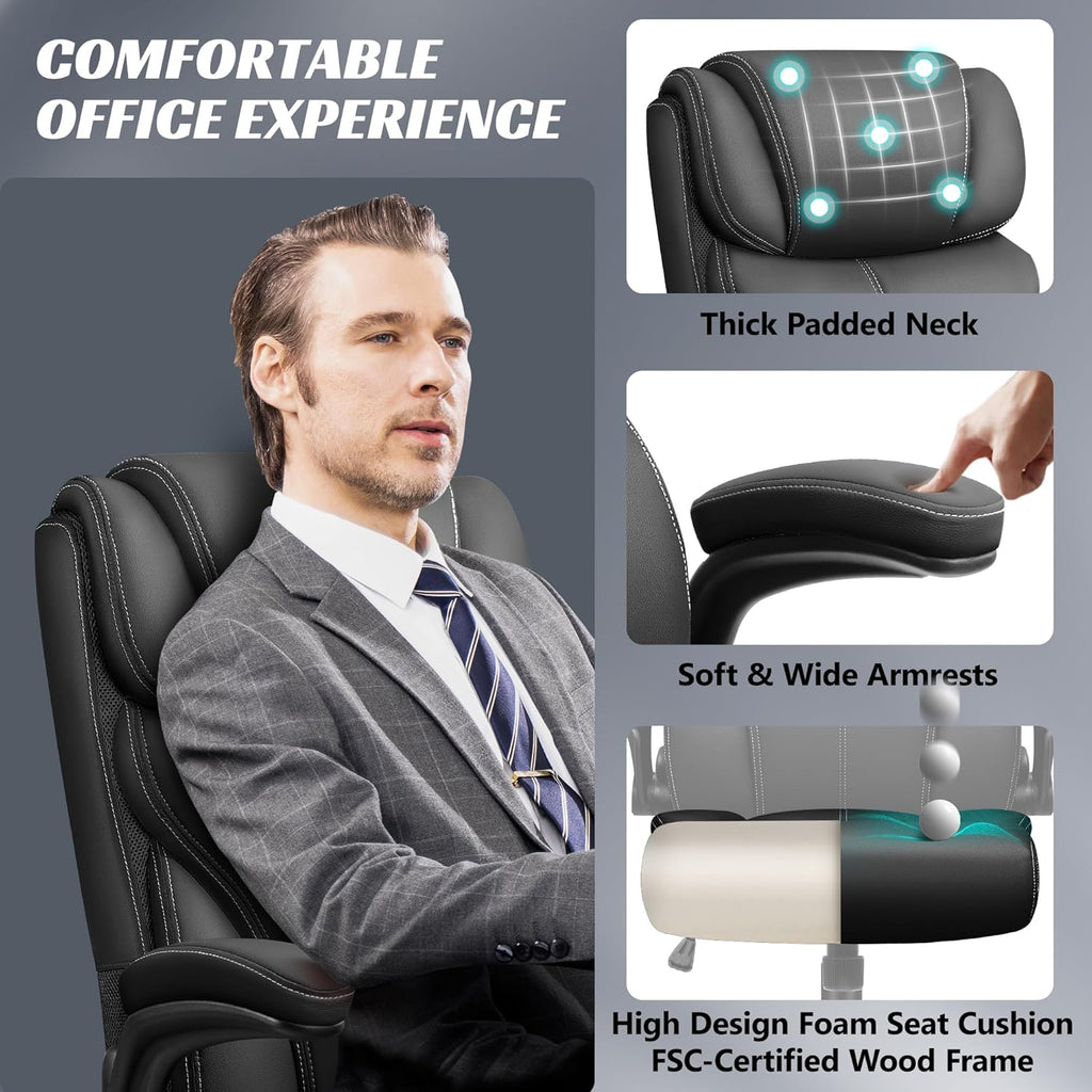 Office Chair, Ergonomic Big and Tall Computer Desk Chairs, Executive Breathable Leather Chair with Adjustable Flip-up Armrests, Lumbar Support Swivel PC Chair with Rocking Function
