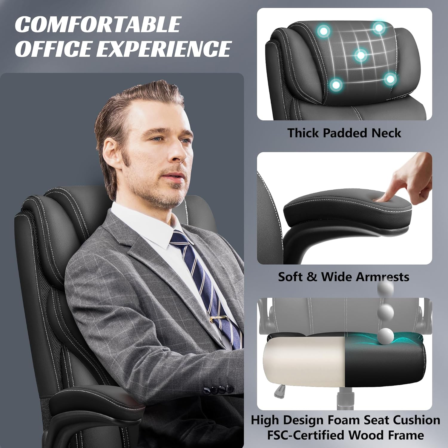 Office Chair, Ergonomic Big and Tall Computer Desk Chairs, Executive Breathable Leather Chair with Adjustable Flip-up Armrests, Lumbar Support Swivel PC Chair with Rocking Function