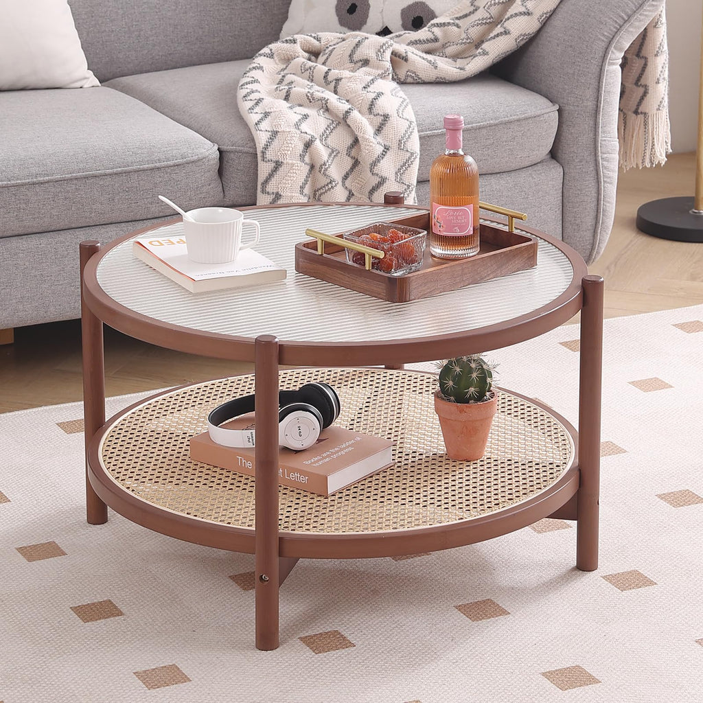 Tiita Rattan Coffee Table, Round End Table, 19.7Inch Modern Side Table, Small Bamboo Living Room Side Table, Glass Sofa End Table for Balcony and Office Outdoor/Indoor (Wood)