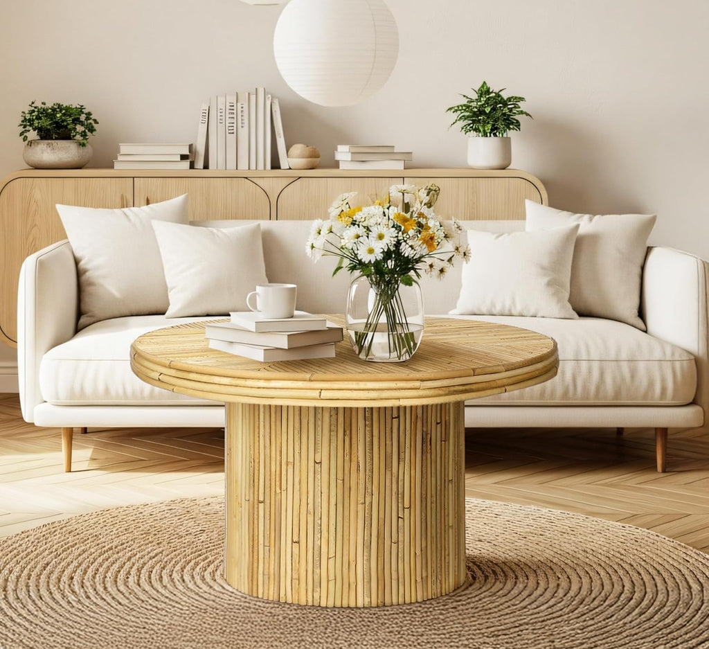 ZYBT 27.6 Inches Round Coffee Table, Tambour Design Coffee Tables, Farmhouse Fluted Design Center Accent Cocktail Tea Table for Home