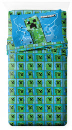 Jay Franco Kids Sheet Set with Fitted, Flat Sheets & Pillow Cover - Ultra-Soft Bedding with Pillowcase for Room Decor, Blue - Minecraft Creeper, 4 Piece Full
