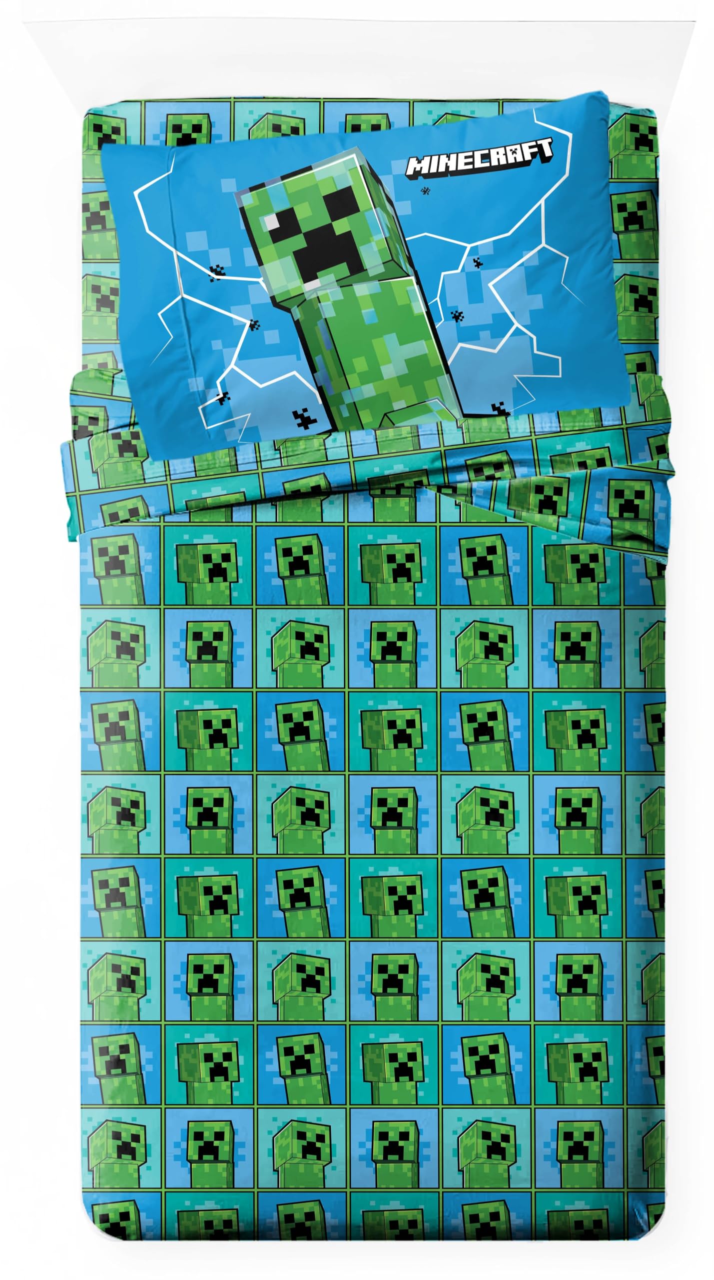 Jay Franco Kids Sheet Set with Fitted, Flat Sheets & Pillow Cover - Ultra-Soft Bedding with Pillowcase for Room Decor, Blue - Minecraft Creeper, 4 Piece Full