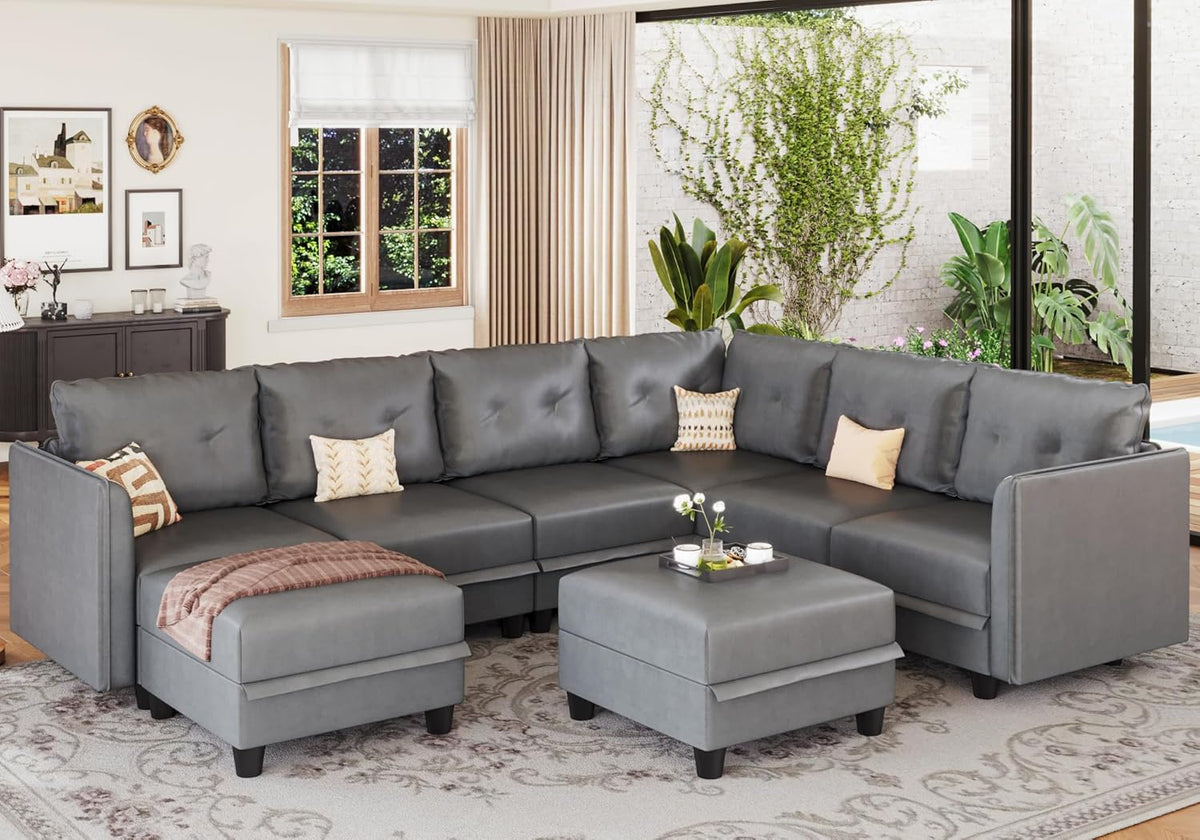 LLappuil Modular Sectional Sofa, Oversized U Shaped Sofa with Storage, Sectional Couch for Living Room, Faux Leather Fabric Waterproof Sofa, 7 Seats with Ottoman, Dark Grey