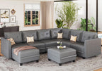 LLappuil Modular Sectional Sofa, Oversized U Shaped Sofa with Storage, Sectional Couch for Living Room, Faux Leather Fabric Waterproof Sofa, 7 Seats with Ottoman, Dark Grey