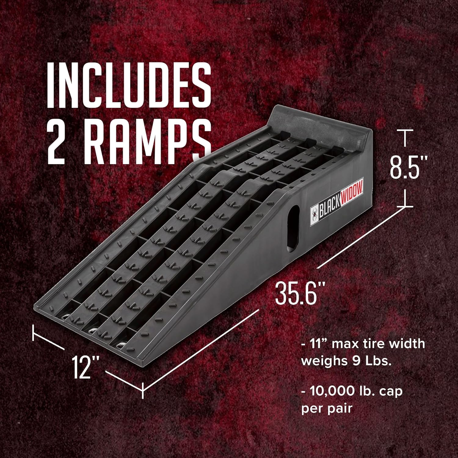 Black Widow Plastic Car Service Ramps - Lifts Vehicles 6.25" H for Maintenance or Oil Changes - Each Ramp is 12" W and 10,000 lbs. Capacity Per Pair-Pack of Two