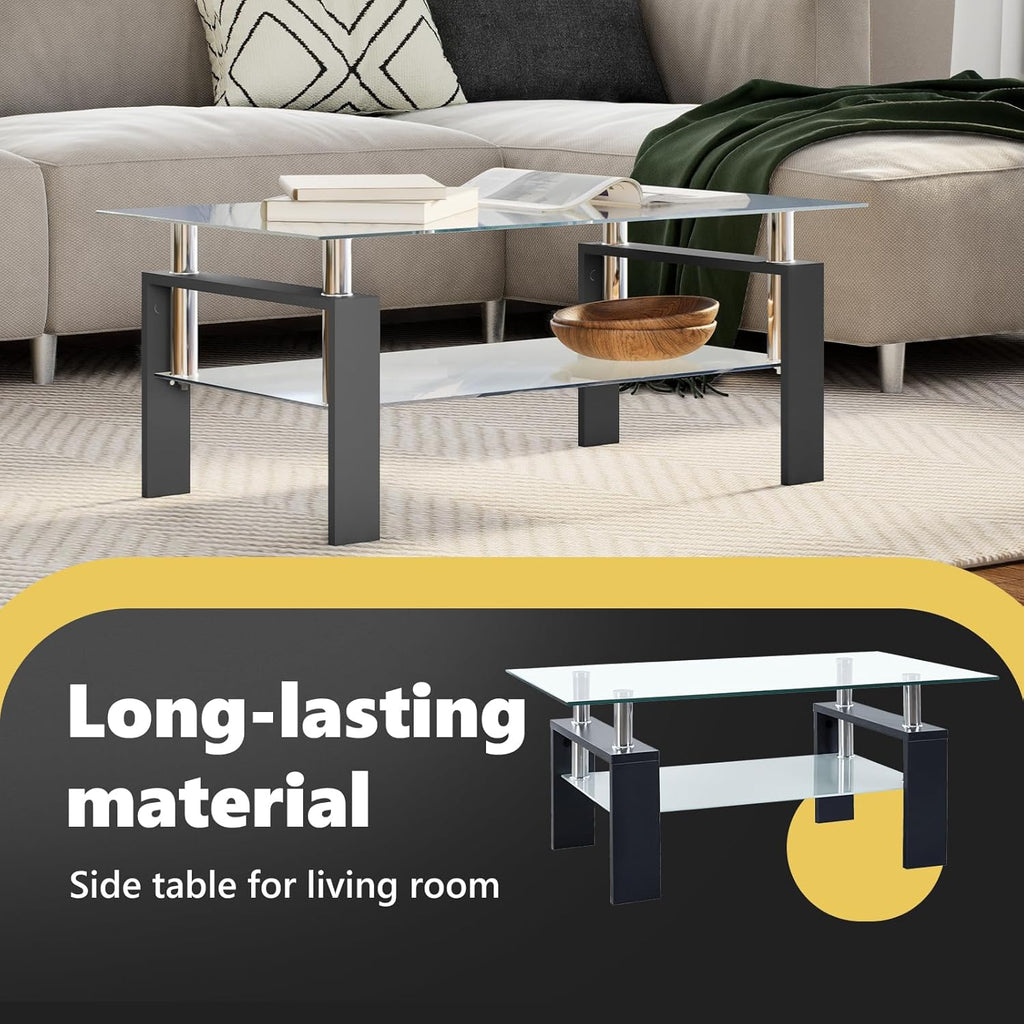 vidaXL Coffee Table with Black Melamine Frame and Tempered Glass Top, Side Table for Living Room, 37.4''x21.7''x15.7'', Black and Transparent