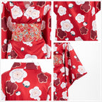 Japanese Anime Women's Long Kimono Robe Fancy Dress Hand Held Silk Folding Fans Tabi Socks Hairstick Set Sakura Red
