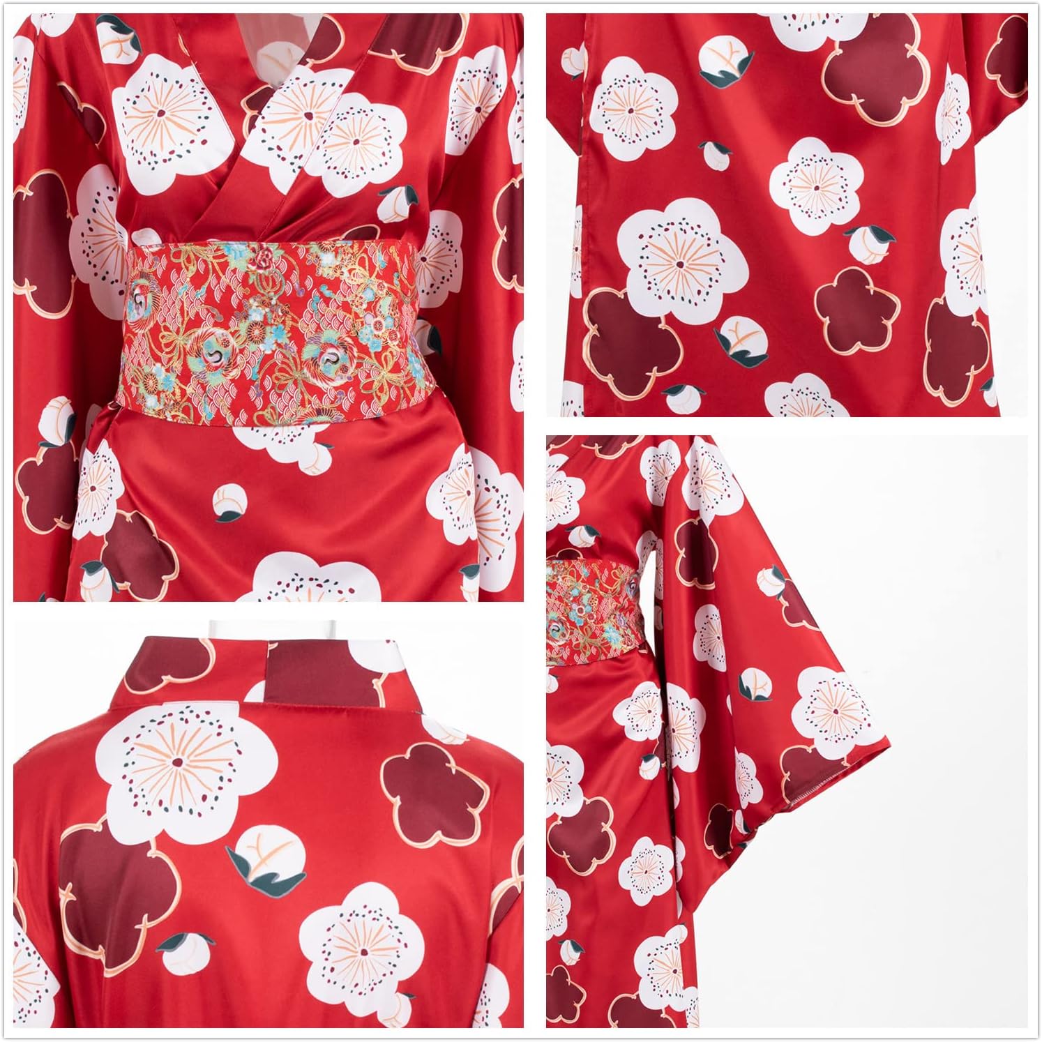 Japanese Anime Women's Long Kimono Robe Fancy Dress Hand Held Silk Folding Fans Tabi Socks Hairstick Set Sakura Red