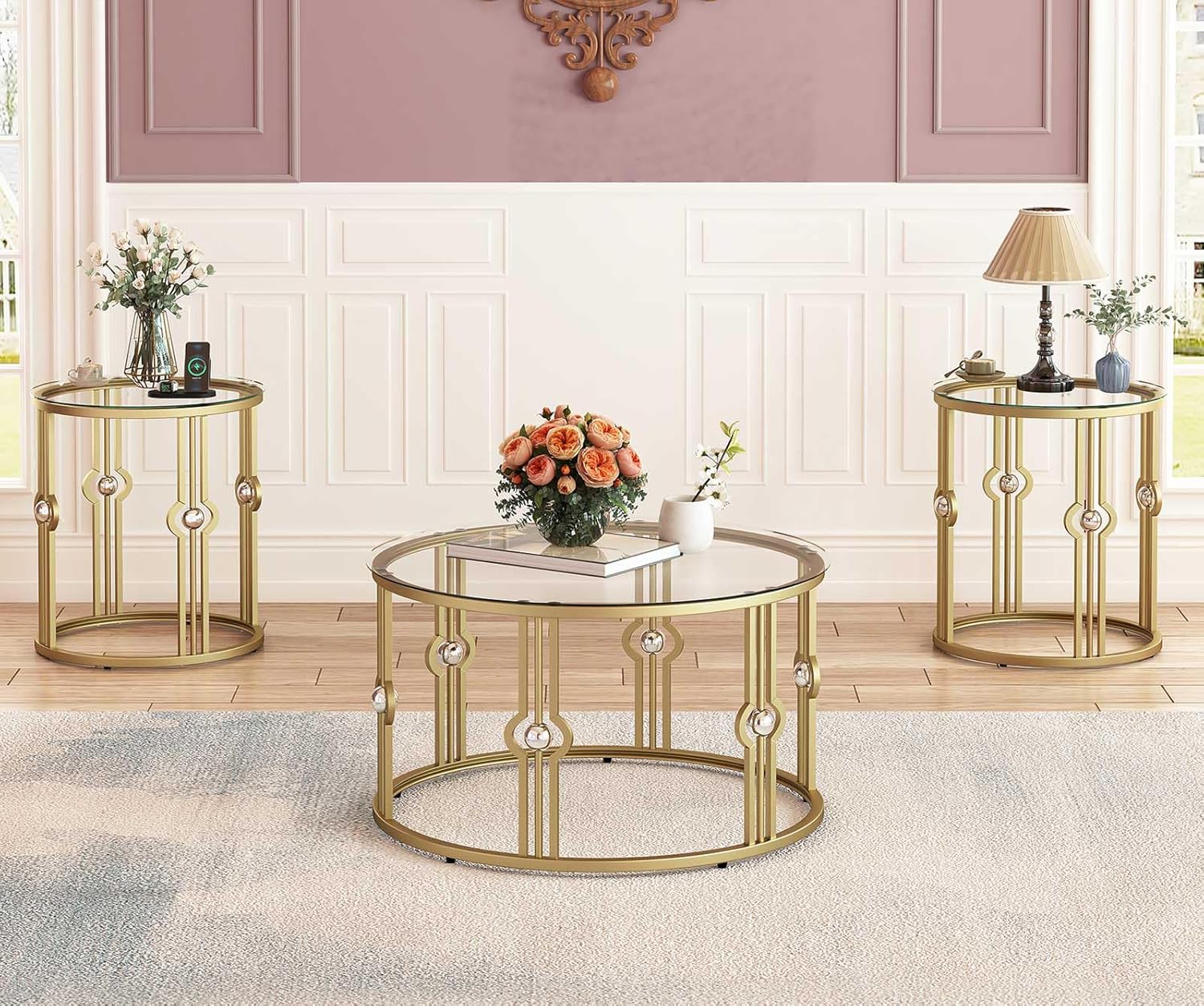 OIOG Glass Coffee Table for Living Room, Gold Coffee Table with Tempered Glass, Round Coffee Table for Office