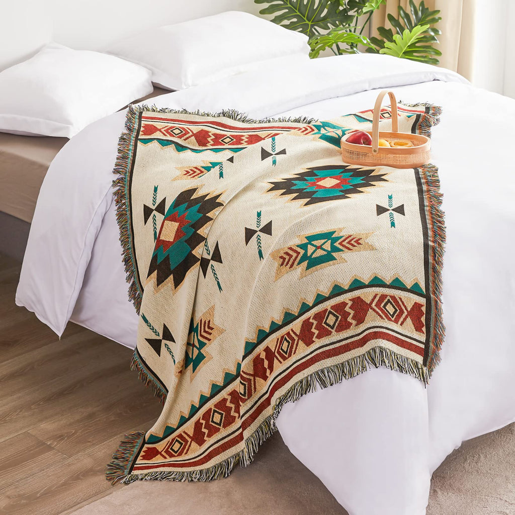 Touchat Native American Blanket Western Decor Boho Throw Blanket for Sofa, Mexican Decorative Farmhouse Blanket, Southwest Decor Woven Blankets, Aztec Throw Blankets with Tassel(Beige,50×60 inch)