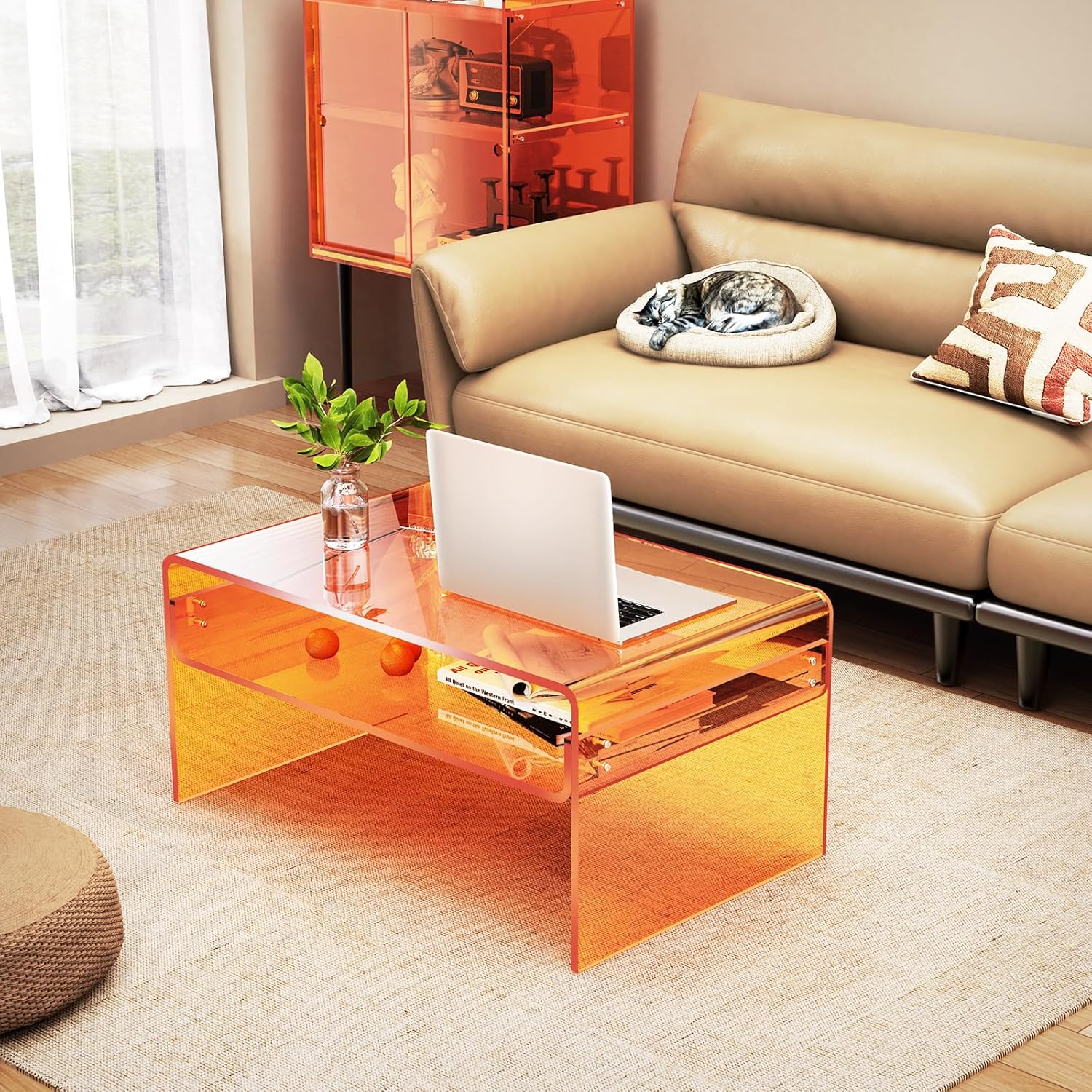 Acrylic Coffee Table for Living Room Clear Rectangle Lucite Table with Open Storage Shelf, Orange