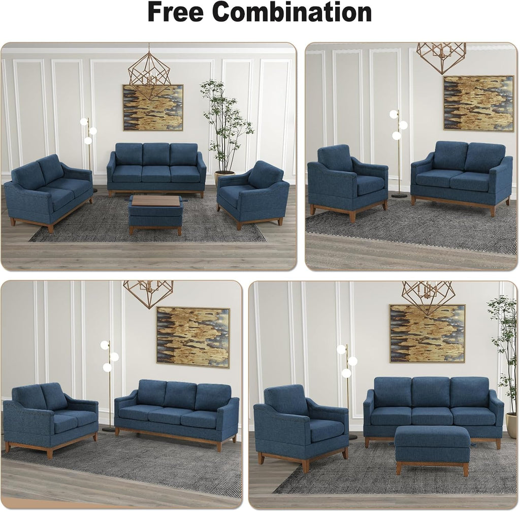 4-Piece Living Room Sofa Set with Coffee Table, Vintage Rivet Couch Sets with Solid Wood Legs, Chenille Sofas Furniture of Ottoman with Storage Space, Armchair, Loveseat and 3-Seat Sofa