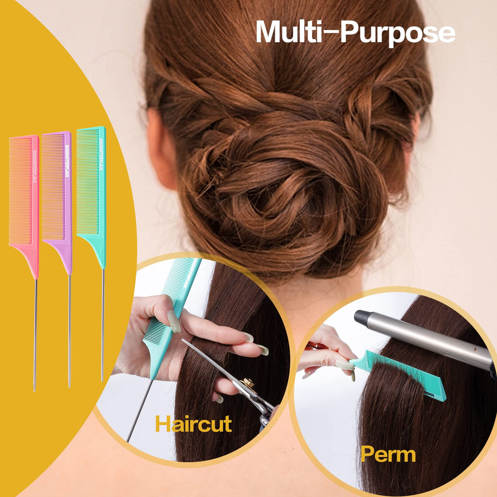 Goodofferplace 3 PCS Rat Tail Combs Parting Rattail Combs Teasing Fine Tooth Comb with Metal Pick for Curly Hair,Detangling Combs for Women,Parting Combs for Braiding,Styling Hair(Pink Purple Green)