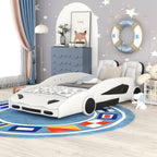 Lit plateforme en forme de voiture de course taille jumeau avec roues, blanc, Harper & Bright Designs