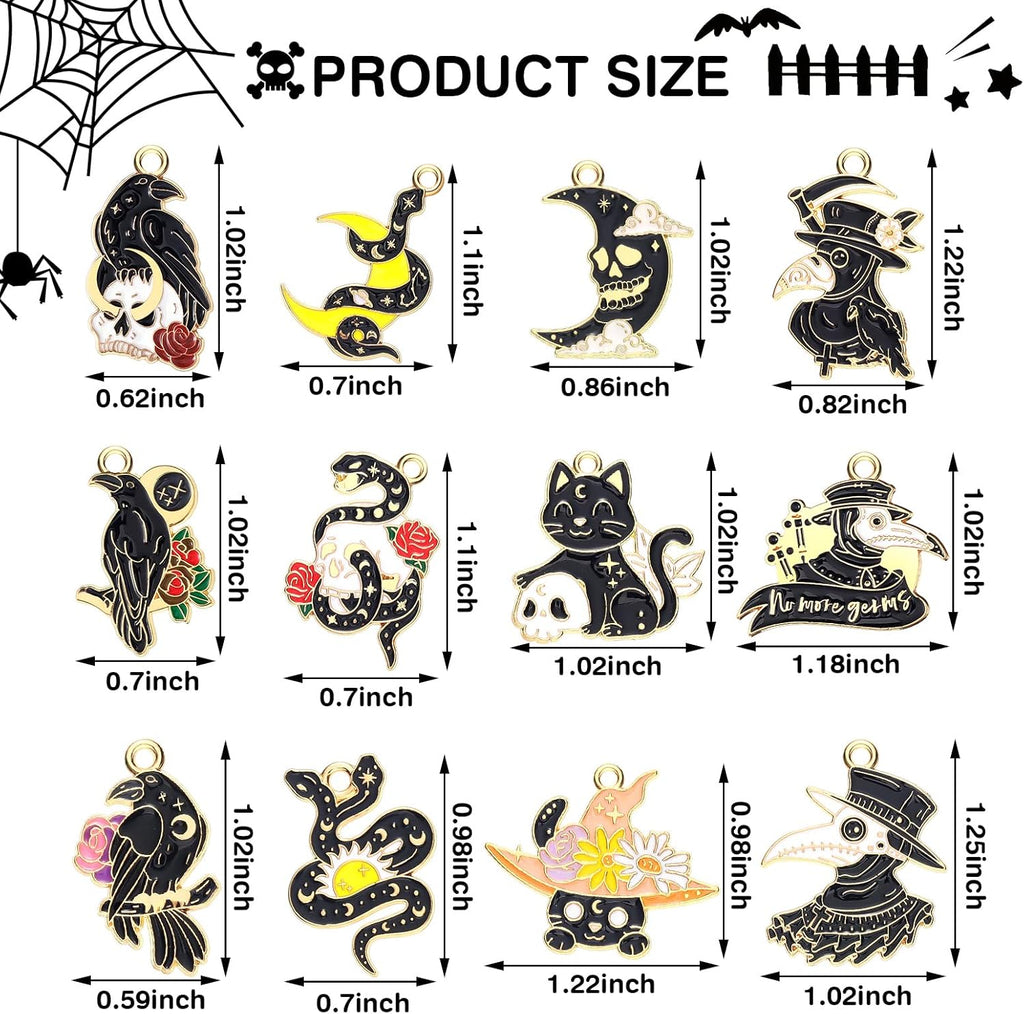 Sasylvia 48 Pcs Halloween Charms for Jewelry Making Black Gothic Charms Include 12 Style Crow Skull Snake Cat Moon for Halloween Party Decoration Gifts DIY Art Craft