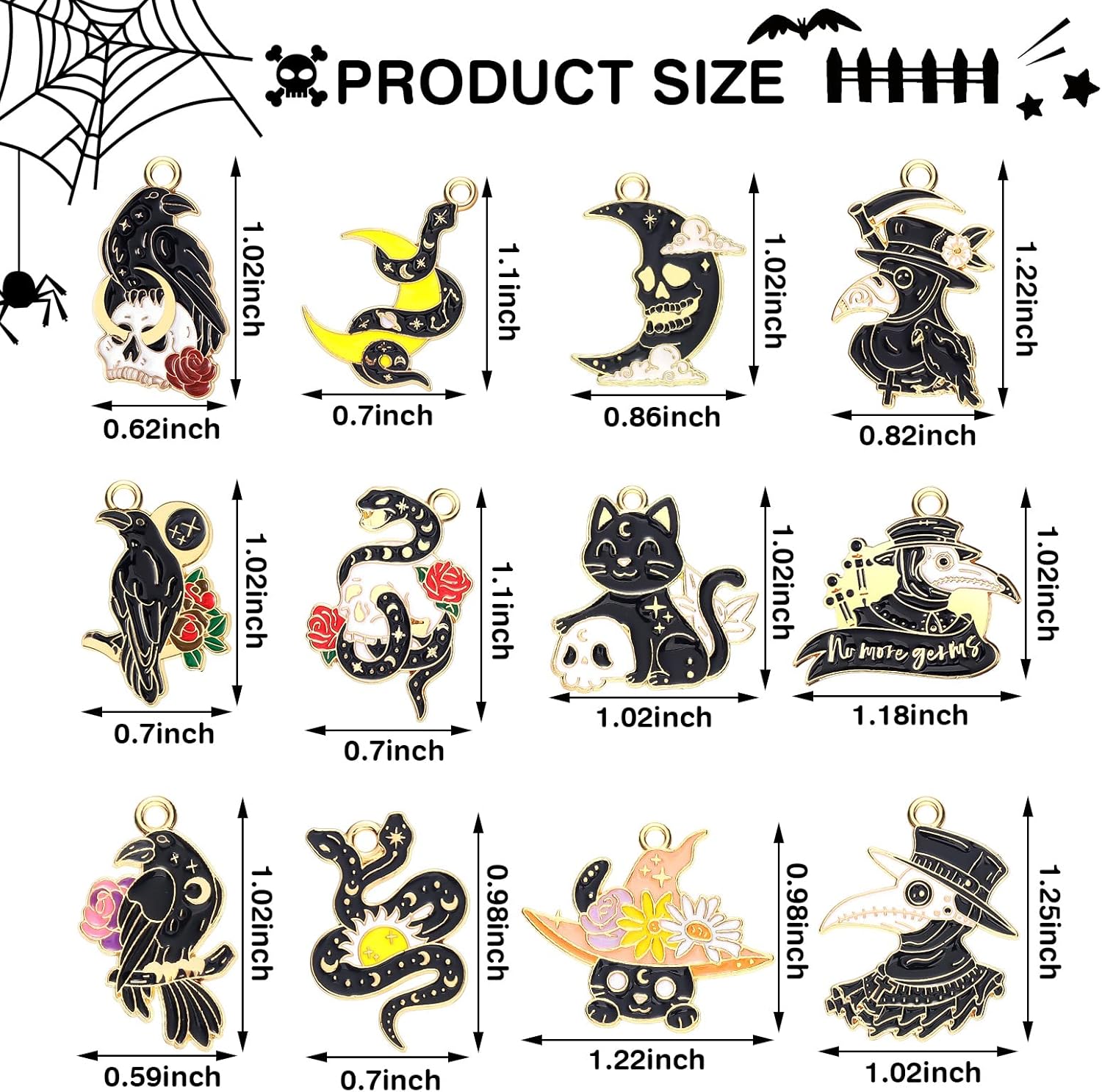 Sasylvia 48 Pcs Halloween Charms for Jewelry Making Black Gothic Charms Include 12 Style Crow Skull Snake Cat Moon for Halloween Party Decoration Gifts DIY Art Craft