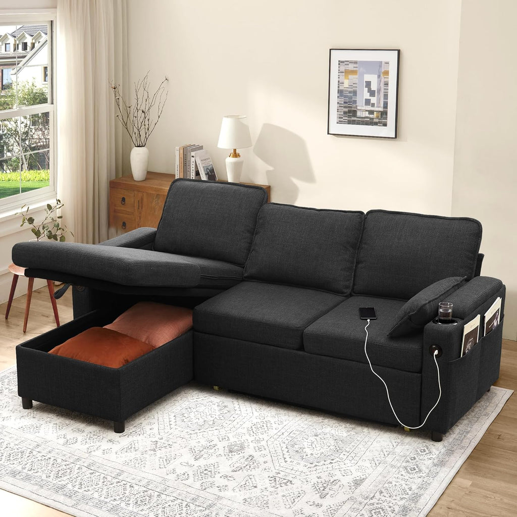DURASPACE Sofa Bed, Sleeper Sofa Couch with Pullout Bed for Living Room, L Shaped Couch with Storage Chaise, USB, Cup Holder (Dark Gray)