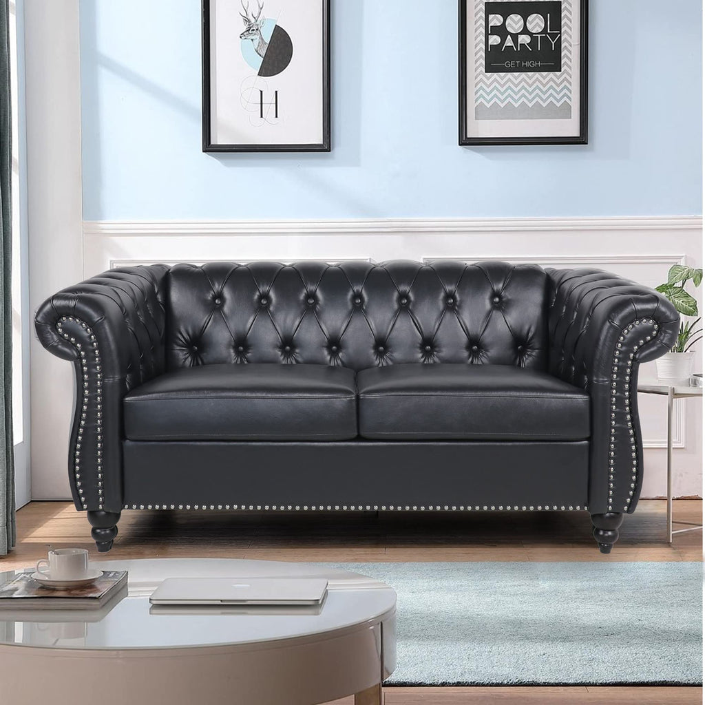 LEVNARY Chesterfield Sofa, Classic Tufted Upholstered Leather Couch, Modern 3 Seater Couch Furniture with Tufted Back for Living Room Office (Black)