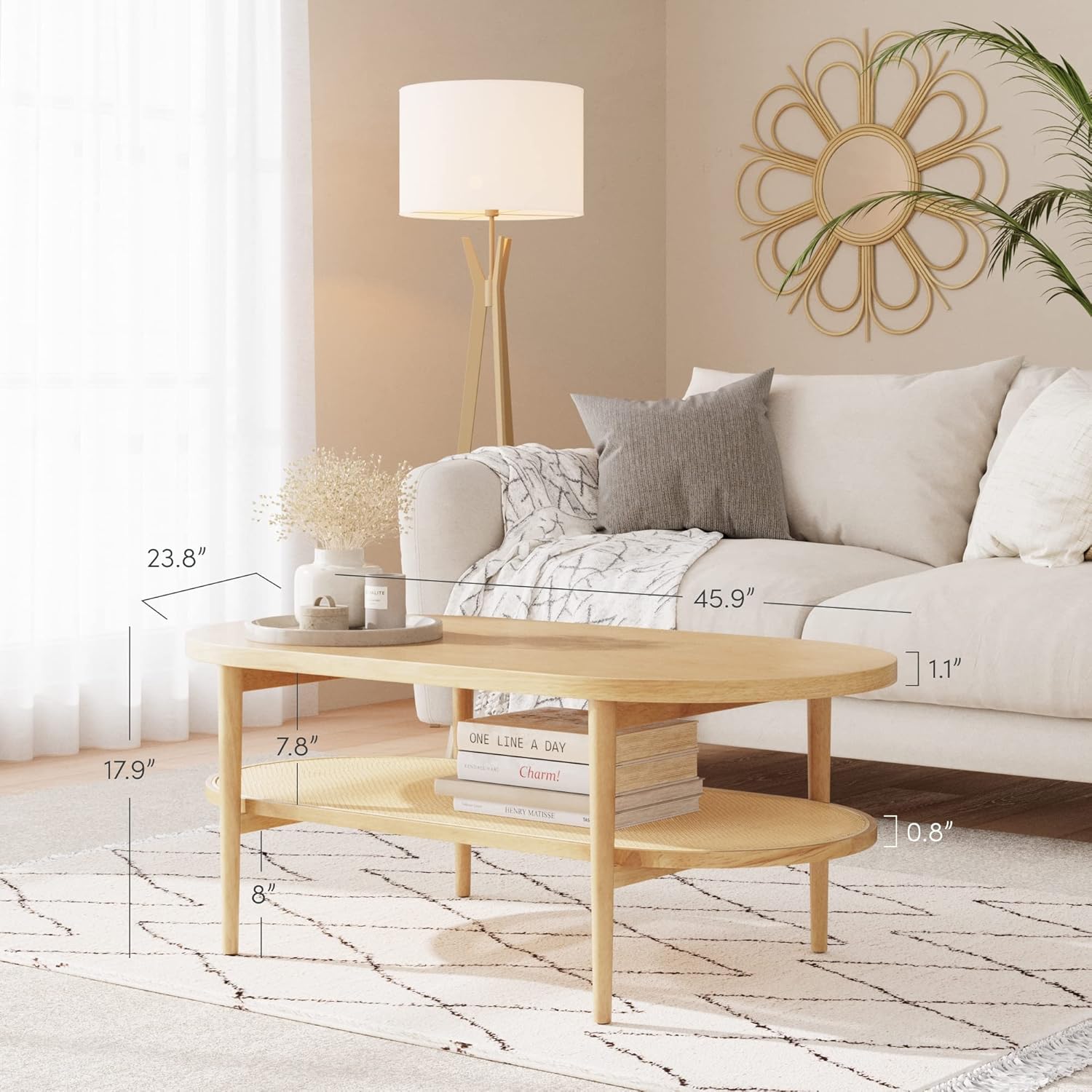 Nathan James Sonia Coffee Table with Storage Shelf, Light Wood/Rattan