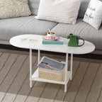 White Coffee Table for Living Room, Small Oval Coffee Table with Storage and Wood Tabletop, Mid Century Round Center Table for Small Space, Home Office